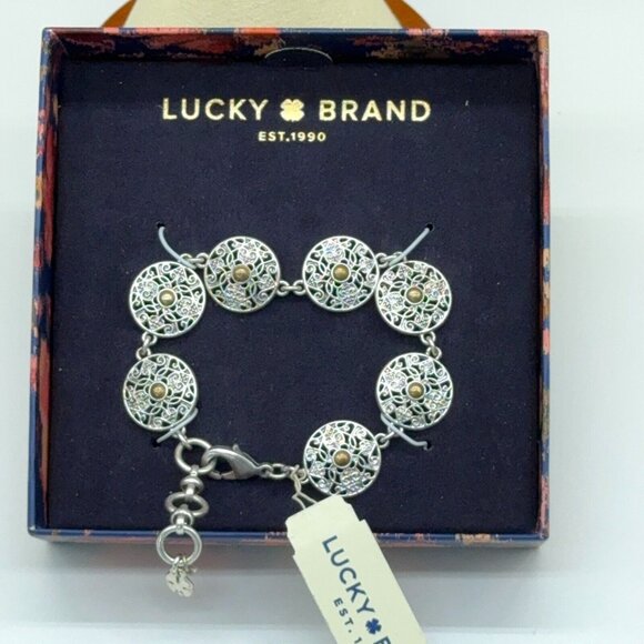 Lucky Brand Silver Tone Bracelet Filigree Discs Bronze Center 6.5" - 7" - Picture 2 of 5